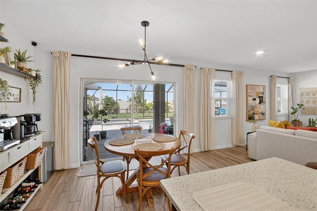 Dining room, Interior, Pendant Lights, Recessed Lighting, Wood Texture Flooring