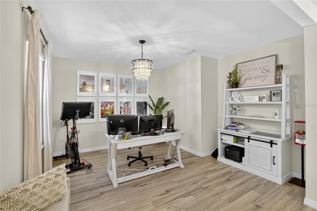 Chandelier, Fitness Equipment, Home Office, Interior, Wood Texture Flooring
