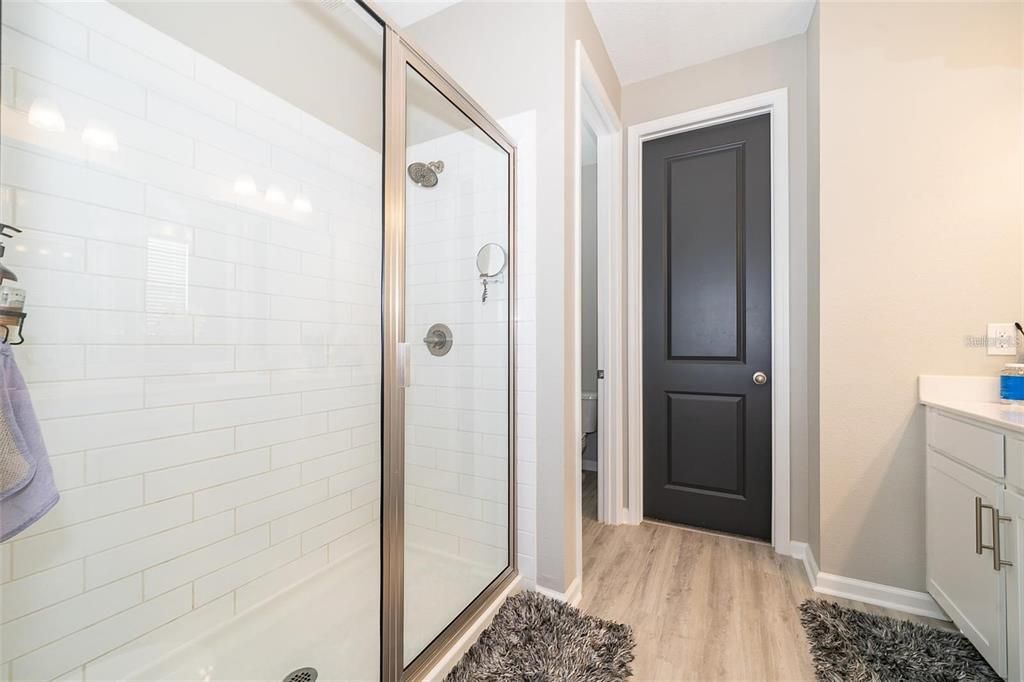 Bathroom, Glass Shower, Interior, Wood Texture Flooring