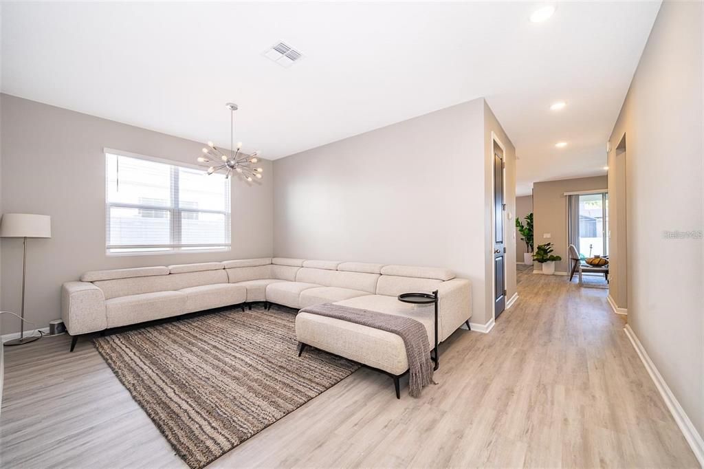 Interior, Living room, Pendant Lights, Recessed Lighting, Wood Texture Flooring