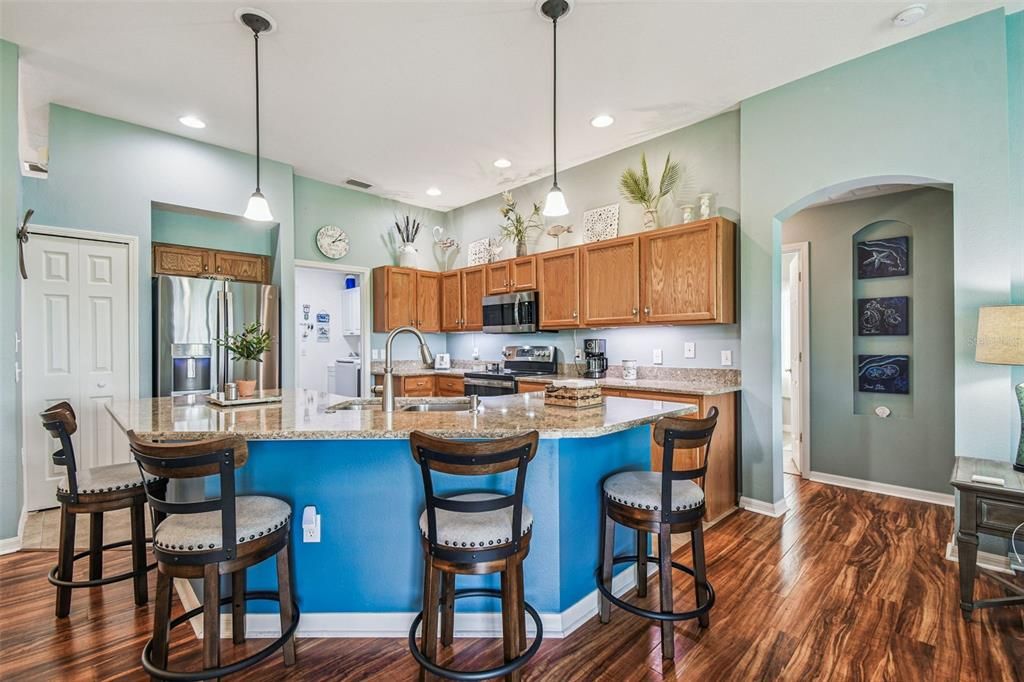 Interior, Kitchen, Pendant Lights, Recessed Lighting, Stainless Steel Appliances, Wood Texture Flooring