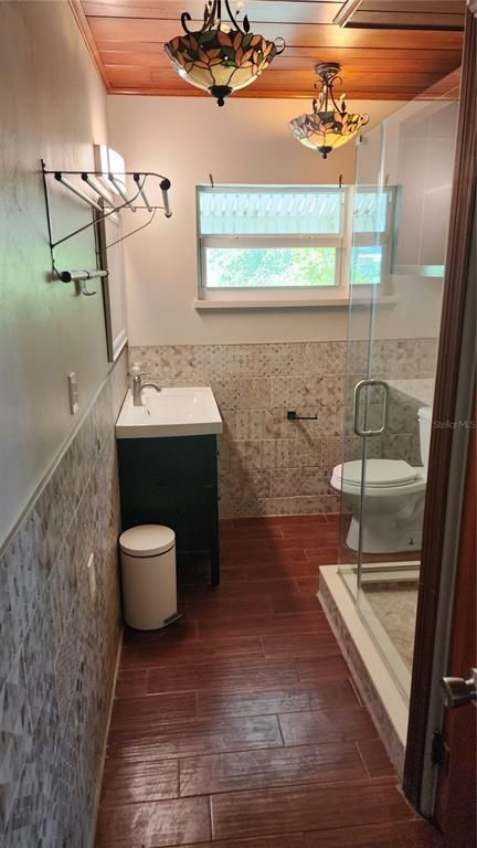 Bathroom, Chandelier, Glass Shower, Interior, Wooden Ceilings, Wood Texture Flooring