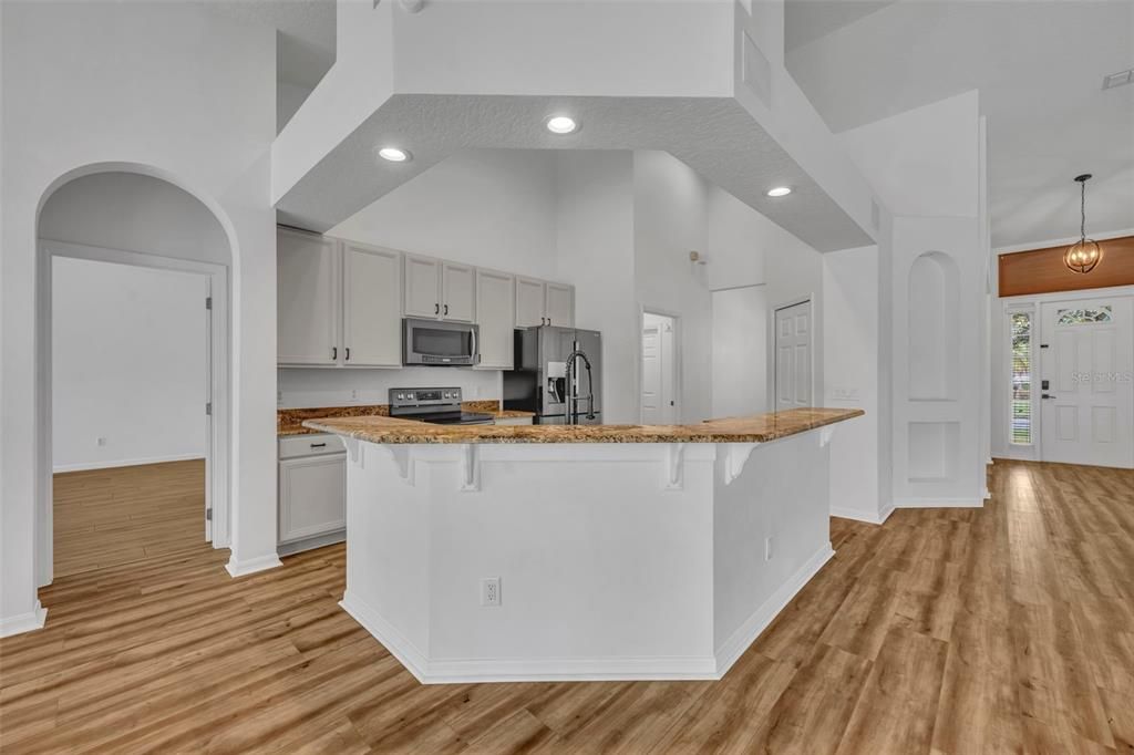 Interior, Kitchen, Pendant Lights, Recessed Lighting, Wood Texture Flooring