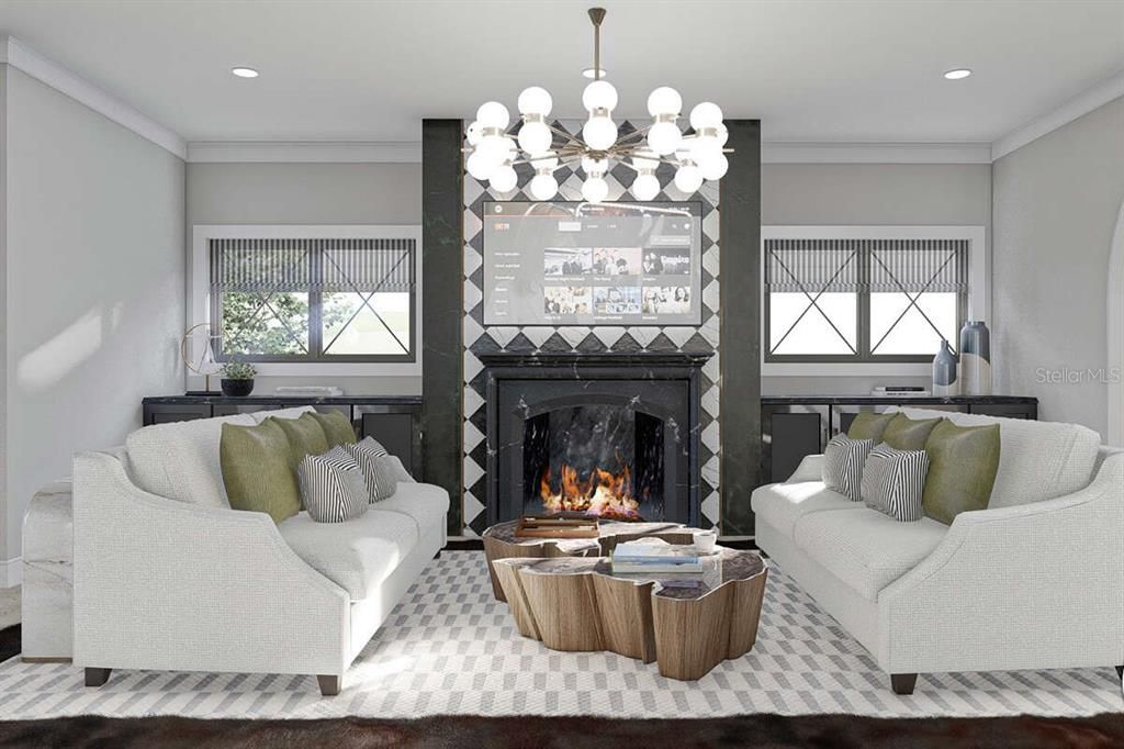 Chandelier, Fireplace, Interior, Living room, Pendant Lights, Recessed Lighting