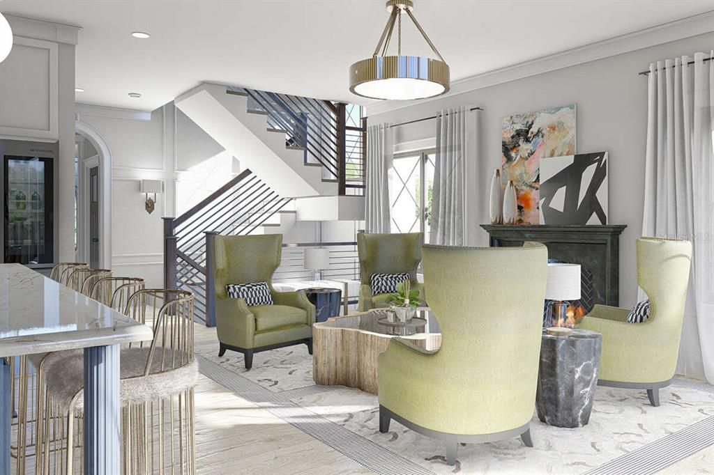 Dining room, Fireplace, Interior, Living room, Pendant Lights, Recessed Lighting, Wood Texture Flooring