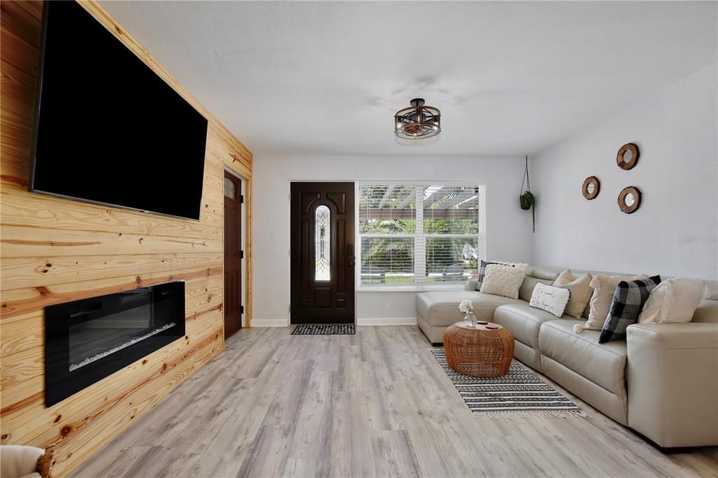 Fireplace, Interior, Living room, Wood Texture Flooring, Wooden Walls