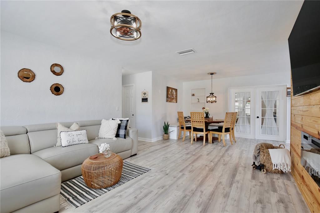 Dining room, Interior, Living room, Pendant Lights, Wood Texture Flooring