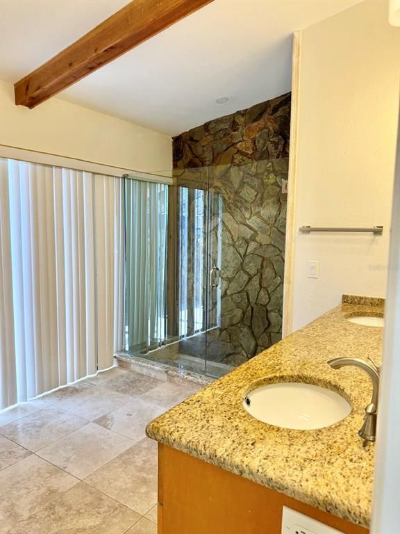 Bathroom, Interior, Stone Walls, Wooden Beams