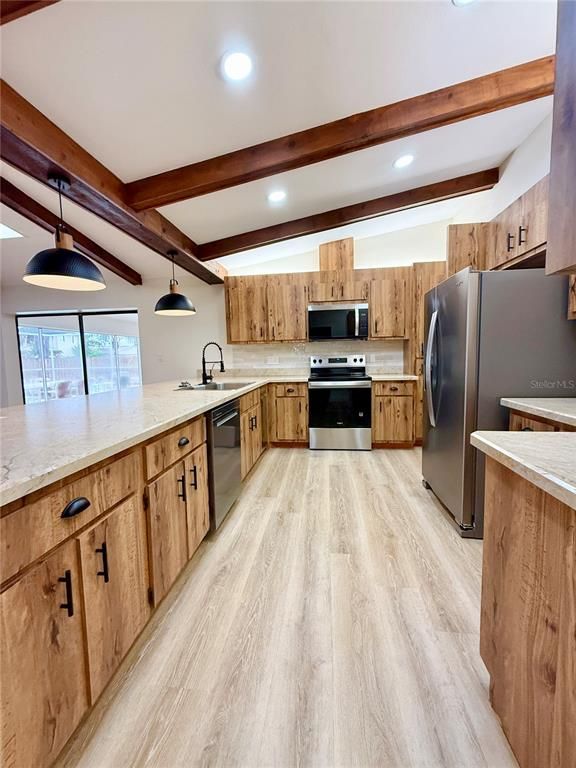 Interior, Kitchen, Pendant Lights, Recessed Lighting, Stainless Steel Appliances, Wooden Beams, Wood Texture Flooring