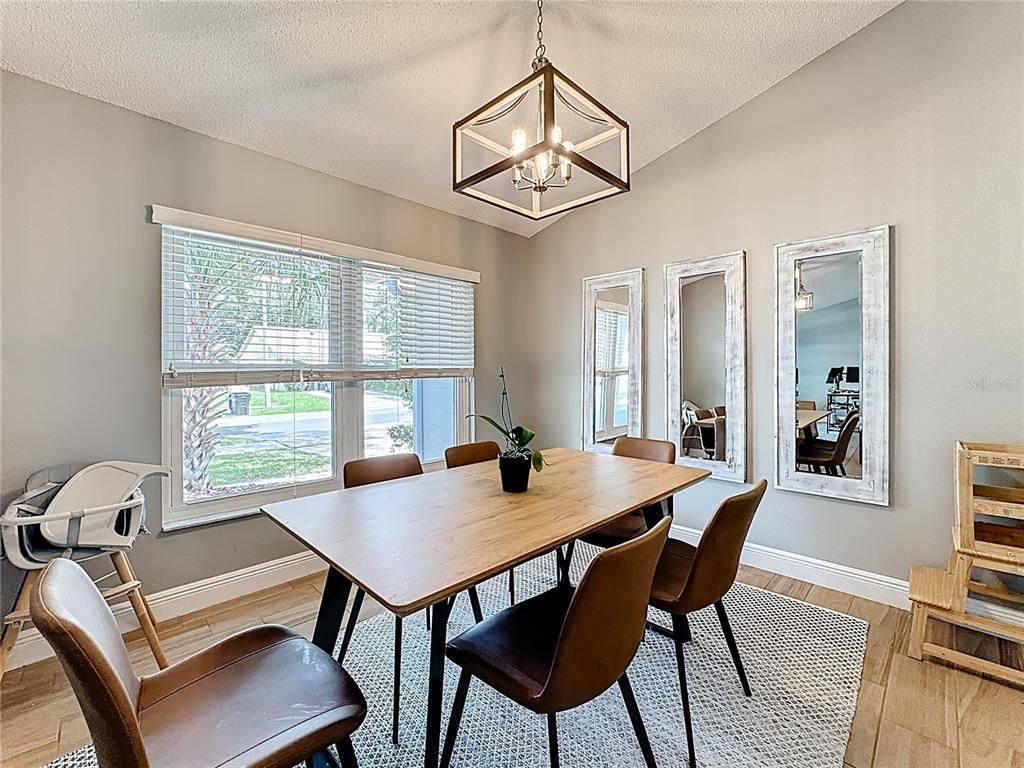 Dining room, Interior, Pendant Lights, Wood Texture Flooring