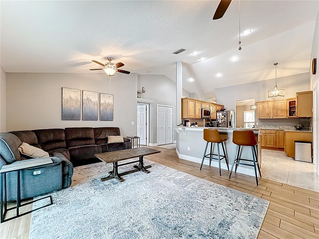 Interior, Kitchen, Living room, Pendant Lights, Recessed Lighting, Wood Texture Flooring