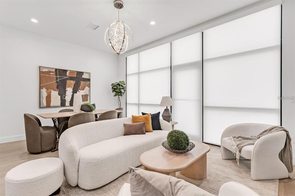 Dining room, Interior, Living room, Pendant Lights, Recessed Lighting, Wood Texture Flooring