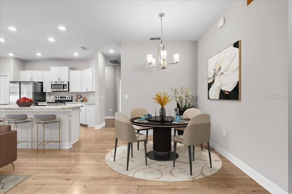 Chandelier, Dining room, Interior, Kitchen, Pendant Lights, Recessed Lighting, Stainless Steel Appliances, Wood Texture Flooring