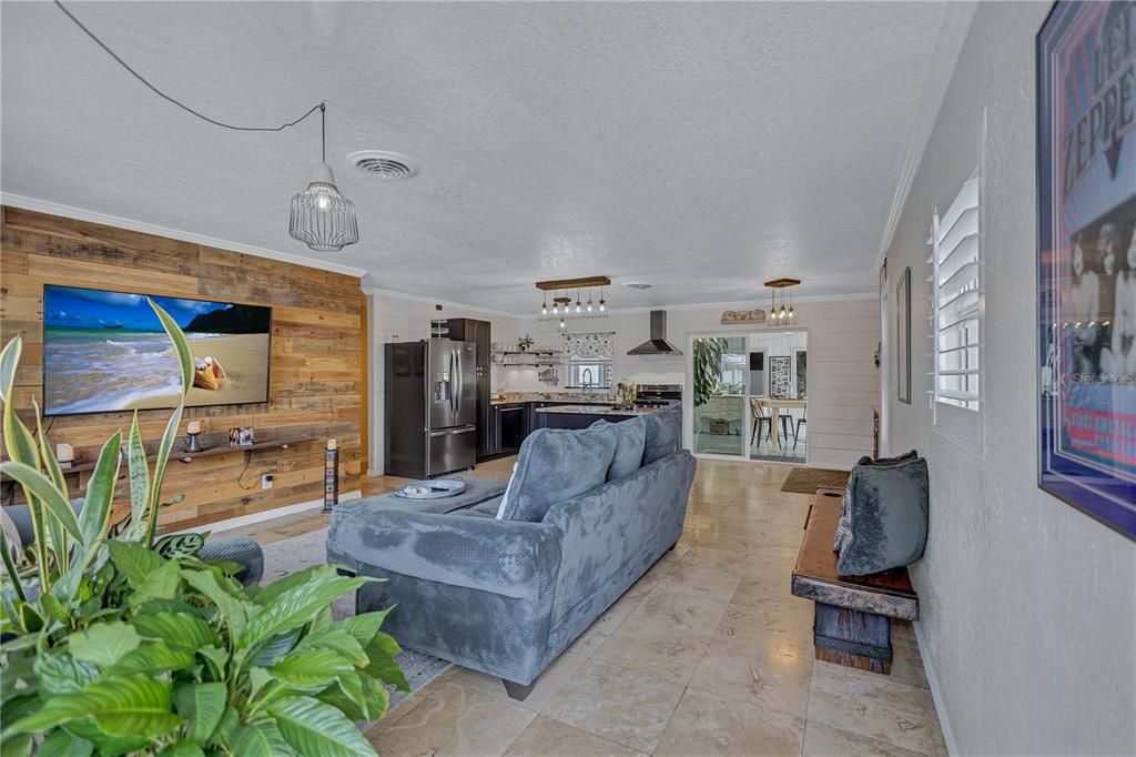Interior, Kitchen, Living room, Pendant Lights, Stainless Steel Appliances, Wooden Walls