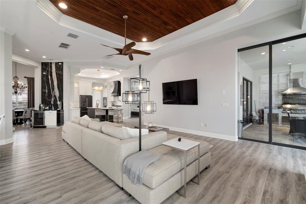 Interior, Kitchen, Living room, Pendant Lights, Recessed Lighting, Stainless Steel Appliances, Wooden Ceilings, Wood Texture Flooring