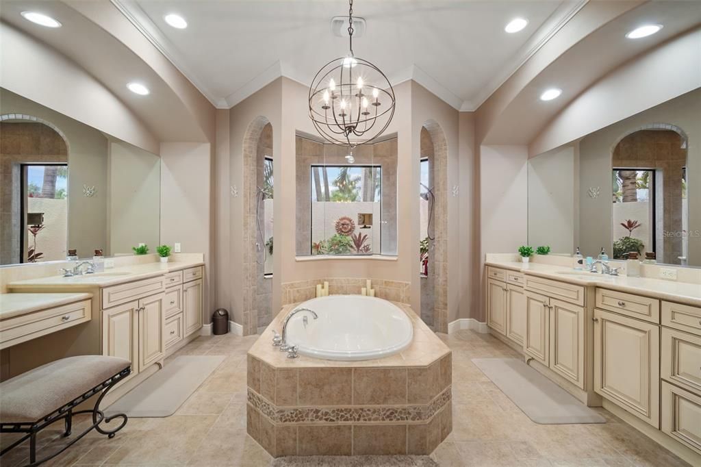 Bathroom, Chandelier, Dual Sink Vanities, Interior, Pendant Lights, Recessed Lighting