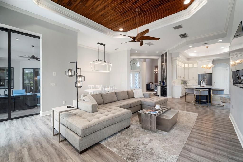 Interior, Kitchen, Living room, Pendant Lights, Recessed Lighting, Wooden Ceilings, Wood Texture Flooring
