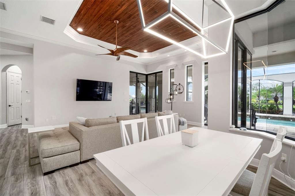 Dining room, Interior, Recessed Lighting, Wooden Ceilings, Wood Texture Flooring