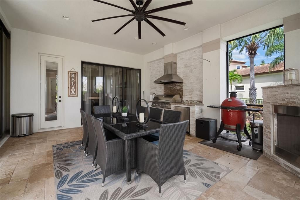 Dining room, Fireplace, Interior, Kitchen, Recessed Lighting, Stone Walls