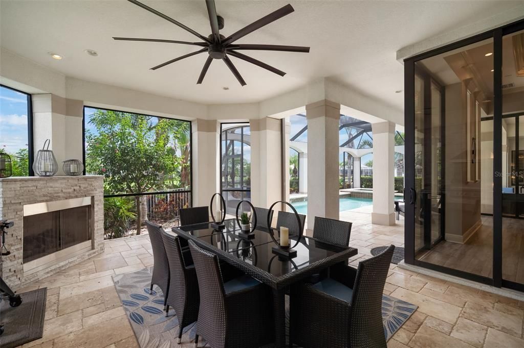 Dining room, Fireplace, Interior, Pool, Recessed Lighting