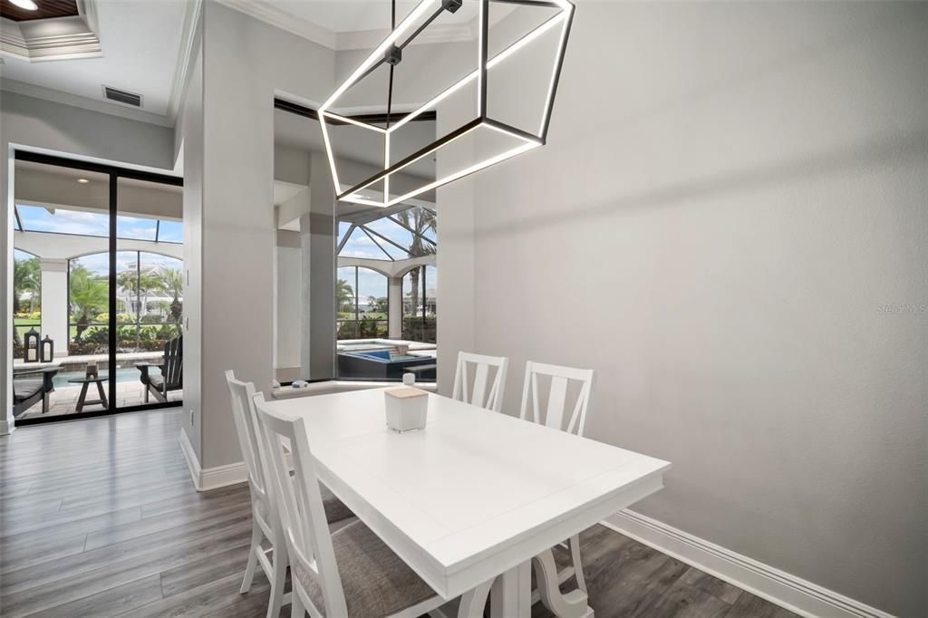 Dining room, Interior, Pendant Lights, Wood Texture Flooring