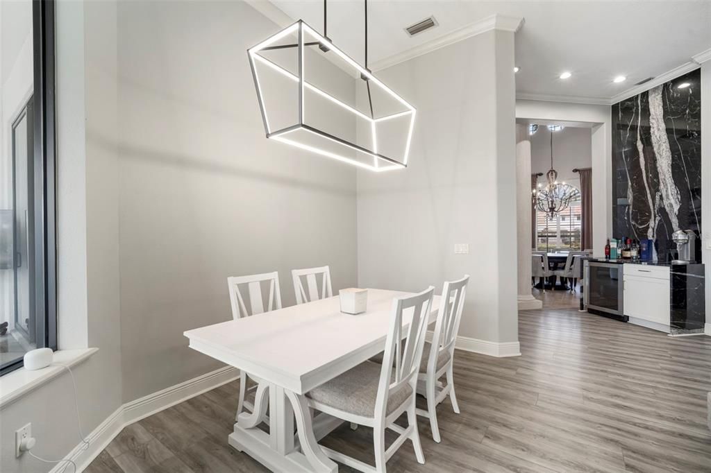 Chandelier, Dining room, Interior, Pendant Lights, Recessed Lighting, Wood Texture Flooring