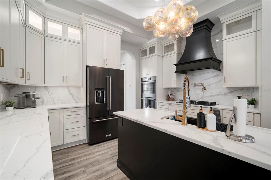 Interior, Kitchen, Marble Walls, Stainless Steel Appliances, Wood Texture Flooring