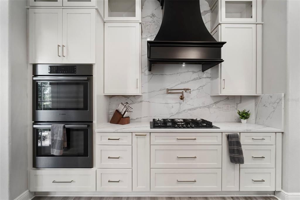 Interior, Kitchen, Marble Walls, Stainless Steel Appliances, Wood Texture Flooring