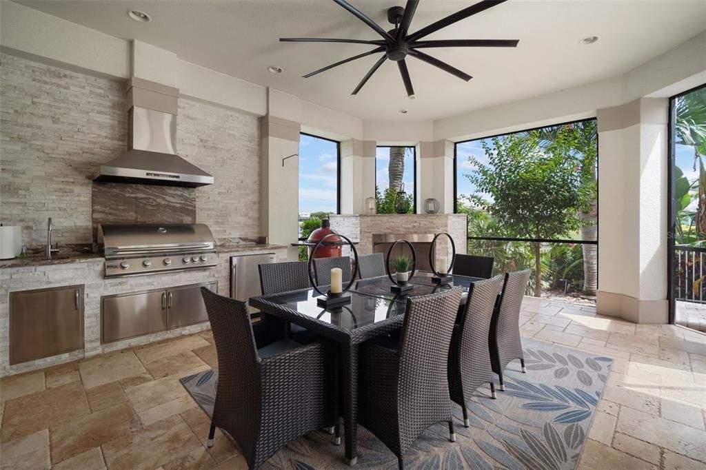 Dining room, Interior, Recessed Lighting, Stainless Steel Appliances, Stone Walls