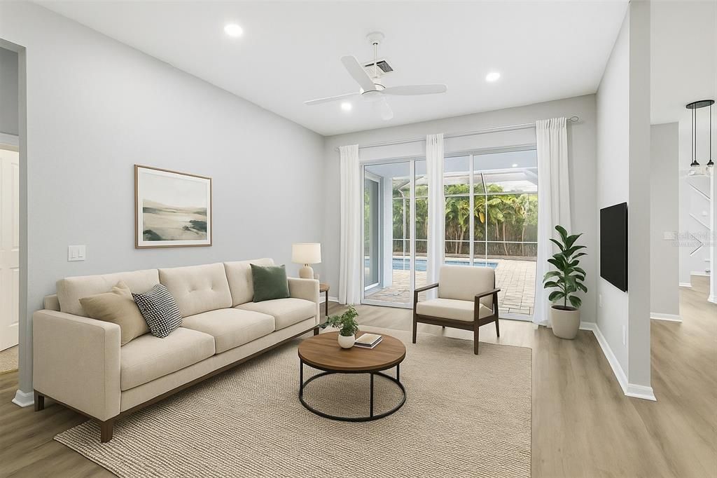 Interior, Living room, Recessed Lighting, Wood Texture Flooring