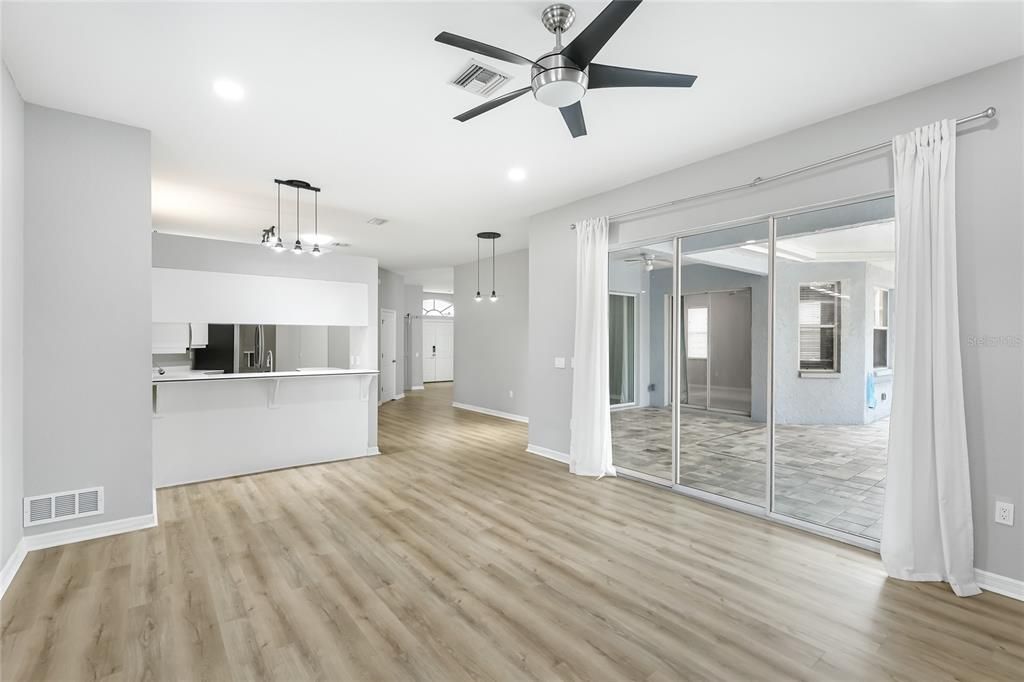 Empty room, Interior, Kitchen, Pendant Lights, Recessed Lighting, Wood Texture Flooring