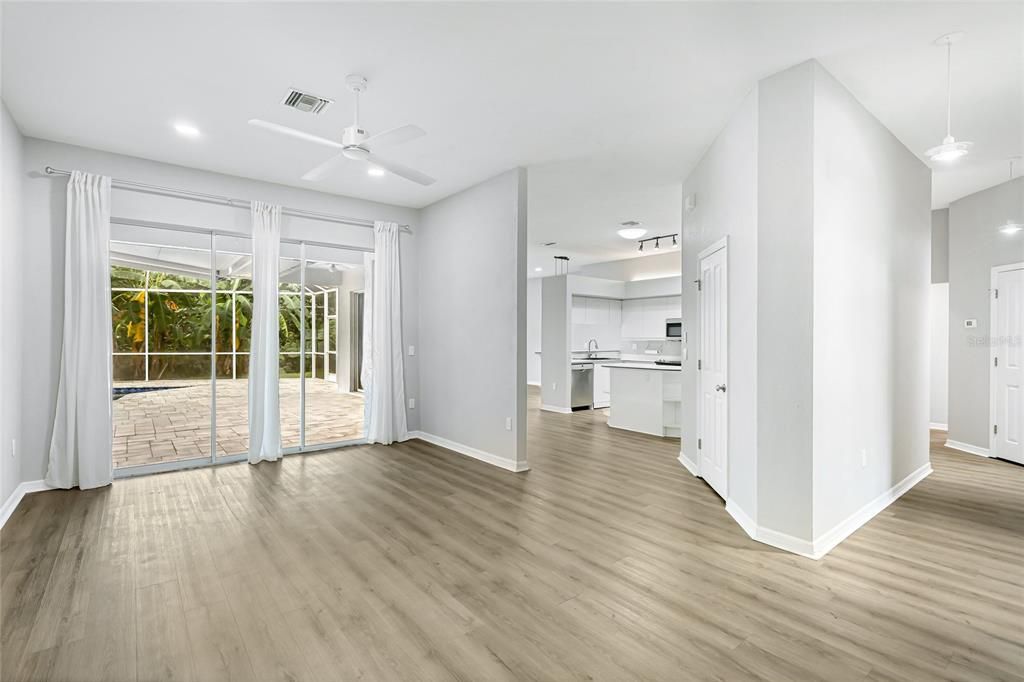 Empty room, Interior, Kitchen, Pendant Lights, Recessed Lighting, Wood Texture Flooring