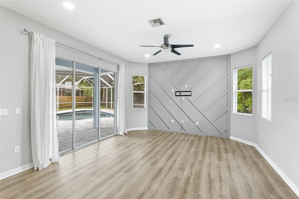 Empty room, Interior, Recessed Lighting, Wood Texture Flooring