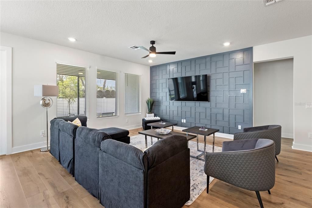 Interior, Living room, Recessed Lighting, Wood Texture Flooring