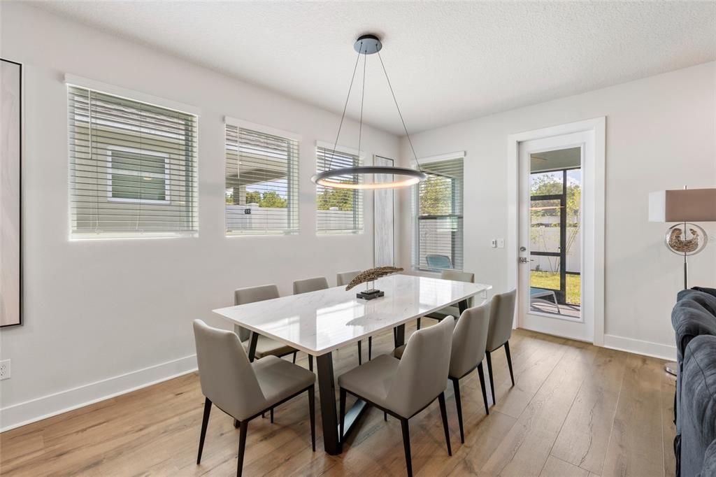 Dining room, Interior, Pendant Lights, Wood Texture Flooring