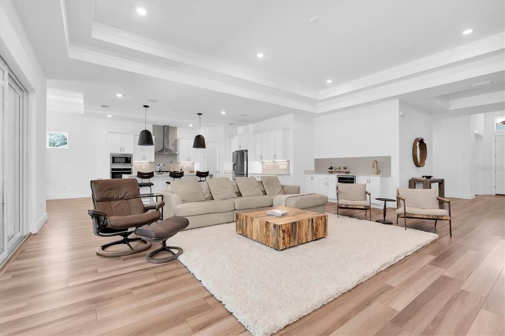 Interior, Kitchen, Living room, Pendant Lights, Recessed Lighting, Stainless Steel Appliances, Wood Texture Flooring
