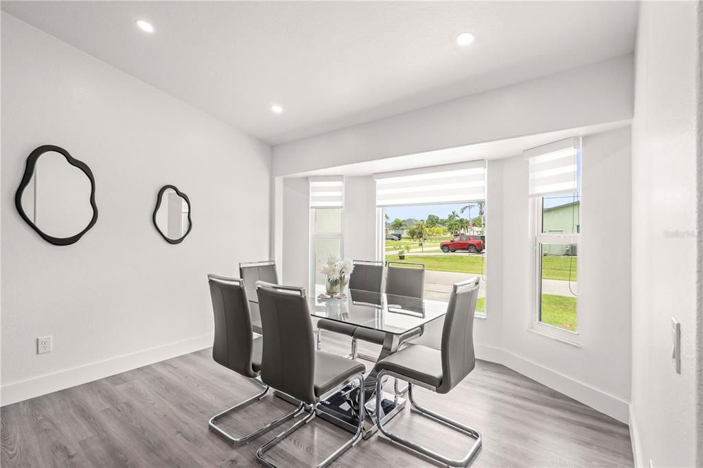 Dining room, Interior, Recessed Lighting, Wood Texture Flooring