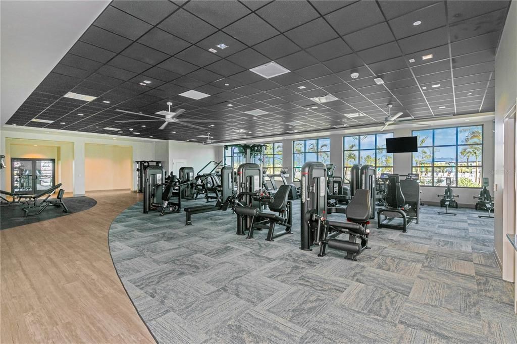 Fitness Equipment, Gym, Interior, Recessed Lighting, Wood Texture Flooring