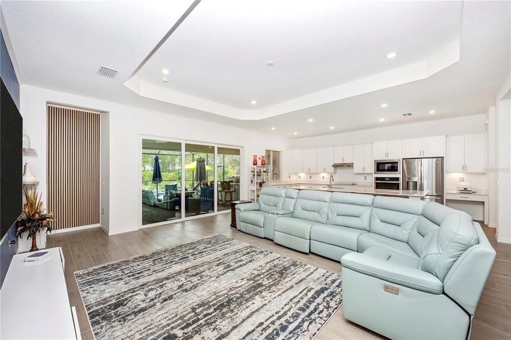 Interior, Kitchen, Living room, Recessed Lighting, Stainless Steel Appliances, Wood Texture Flooring