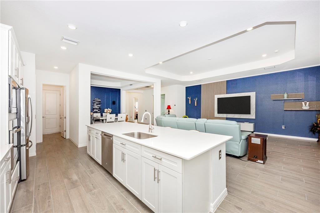 Interior, Kitchen, Living room, Recessed Lighting, Stainless Steel Appliances, Wood Texture Flooring