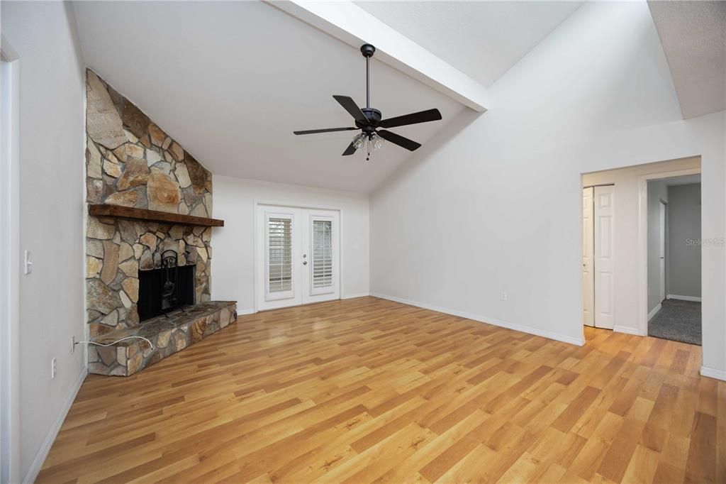 Empty room, Fireplace, Interior, Stone Walls, Wood Texture Flooring