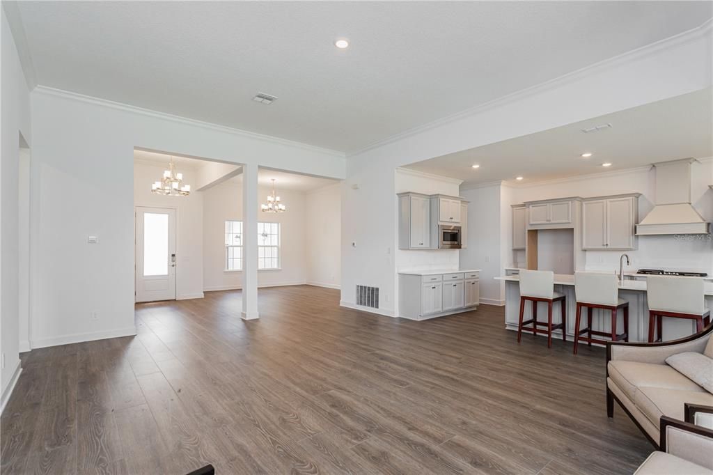Chandelier, Interior, Kitchen, Pendant Lights, Recessed Lighting, Wood Texture Flooring