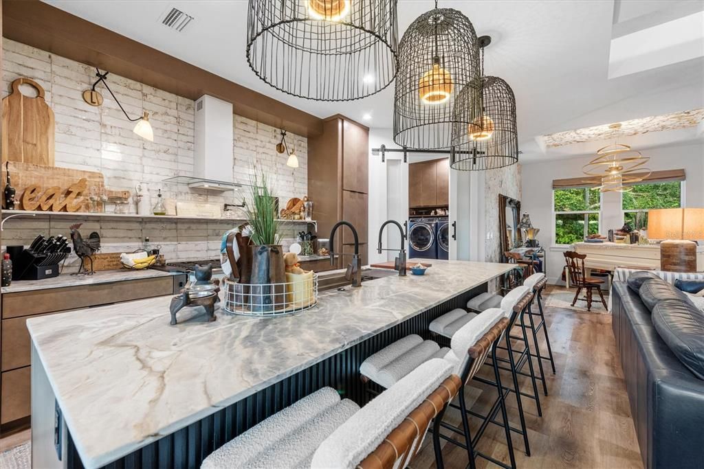 Dining room, Interior, Kitchen, Pendant Lights, Stone Walls, Wood Texture Flooring