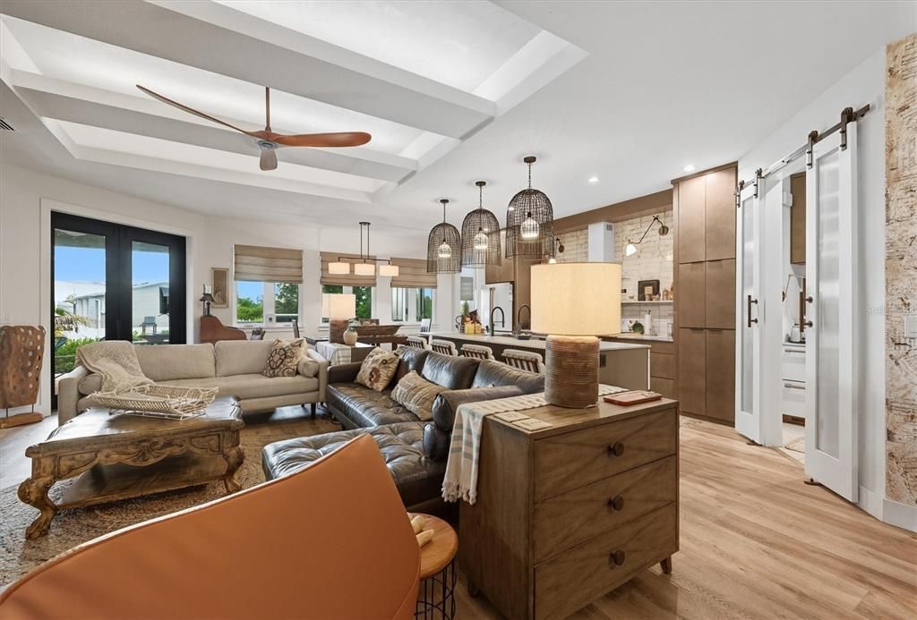 Interior, Kitchen, Living room, Pendant Lights, Recessed Lighting, Wood Texture Flooring