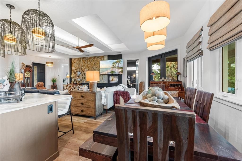 Dining room, Interior, Living room, Pendant Lights, Wood Texture Flooring