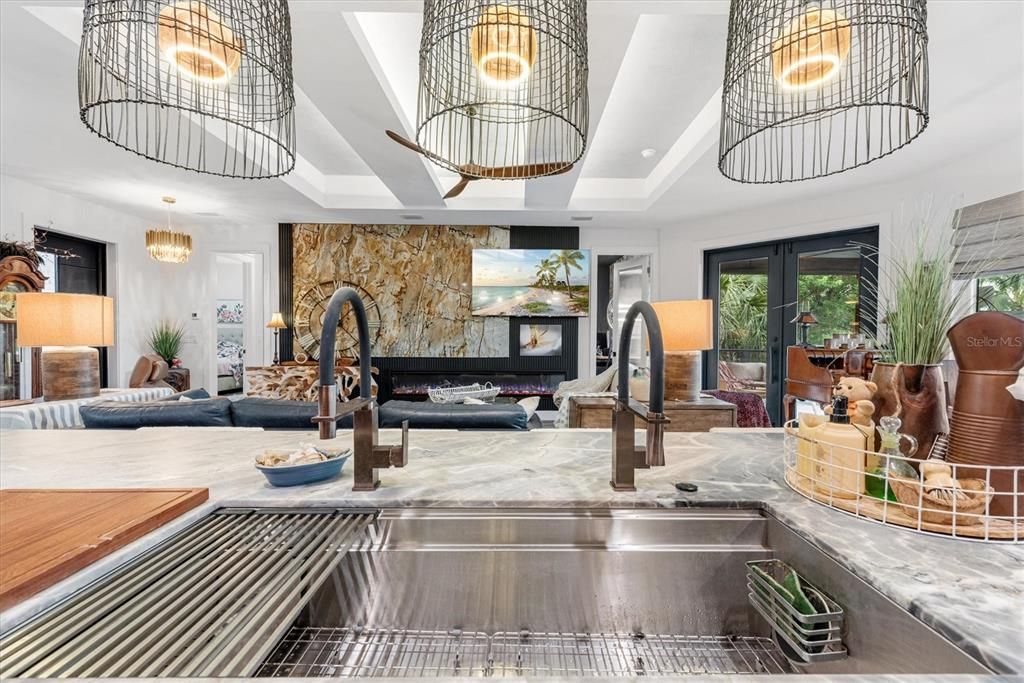Fireplace, Interior, Living room, Pendant Lights, Recessed Lighting, Stone Walls
