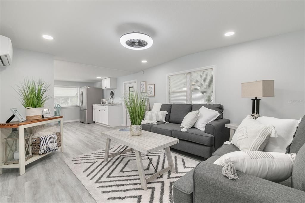 Interior, Kitchen, Living room, Recessed Lighting, Wood Texture Flooring