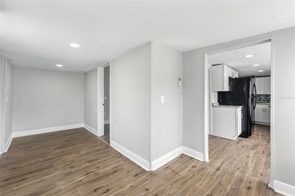 Empty room, Interior, Kitchen, Recessed Lighting, Wood Texture Flooring