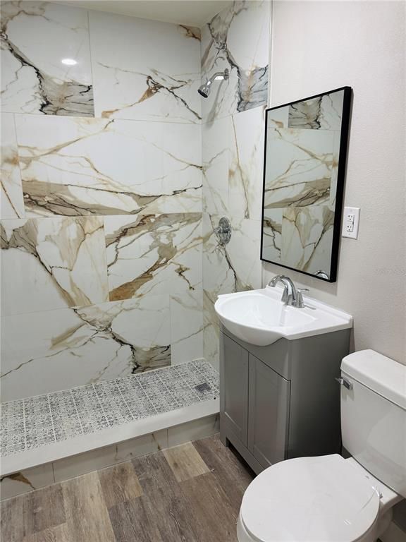 Bathroom, Interior, Marble Walls, Wood Texture Flooring