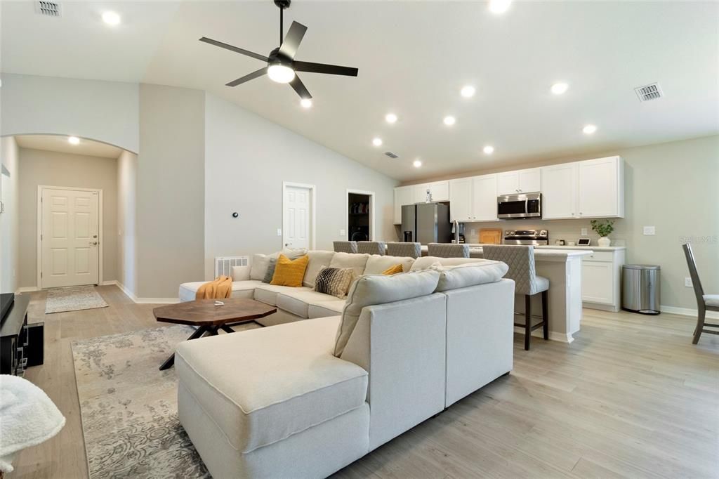 Interior, Kitchen, Living room, Recessed Lighting, Stainless Steel Appliances, Wood Texture Flooring